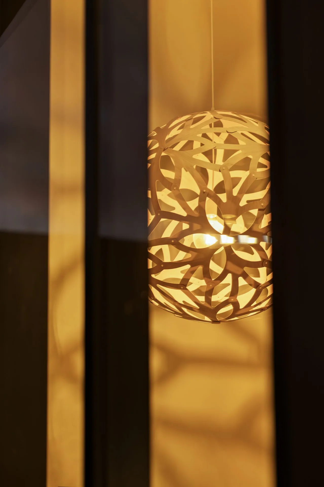 Illuminated sculptural timber pendant seen through a window in the Drysdale Road home
