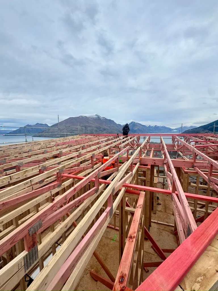Roof trusses being installed at the Vancouver Drive home build, Queenstown