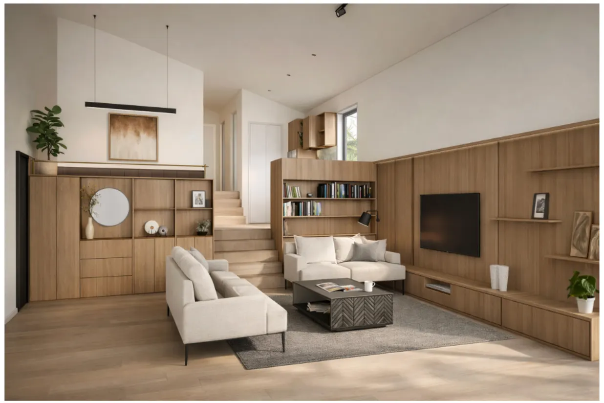 Te Tihi Villas living room with warm timber joinery, Queenstown