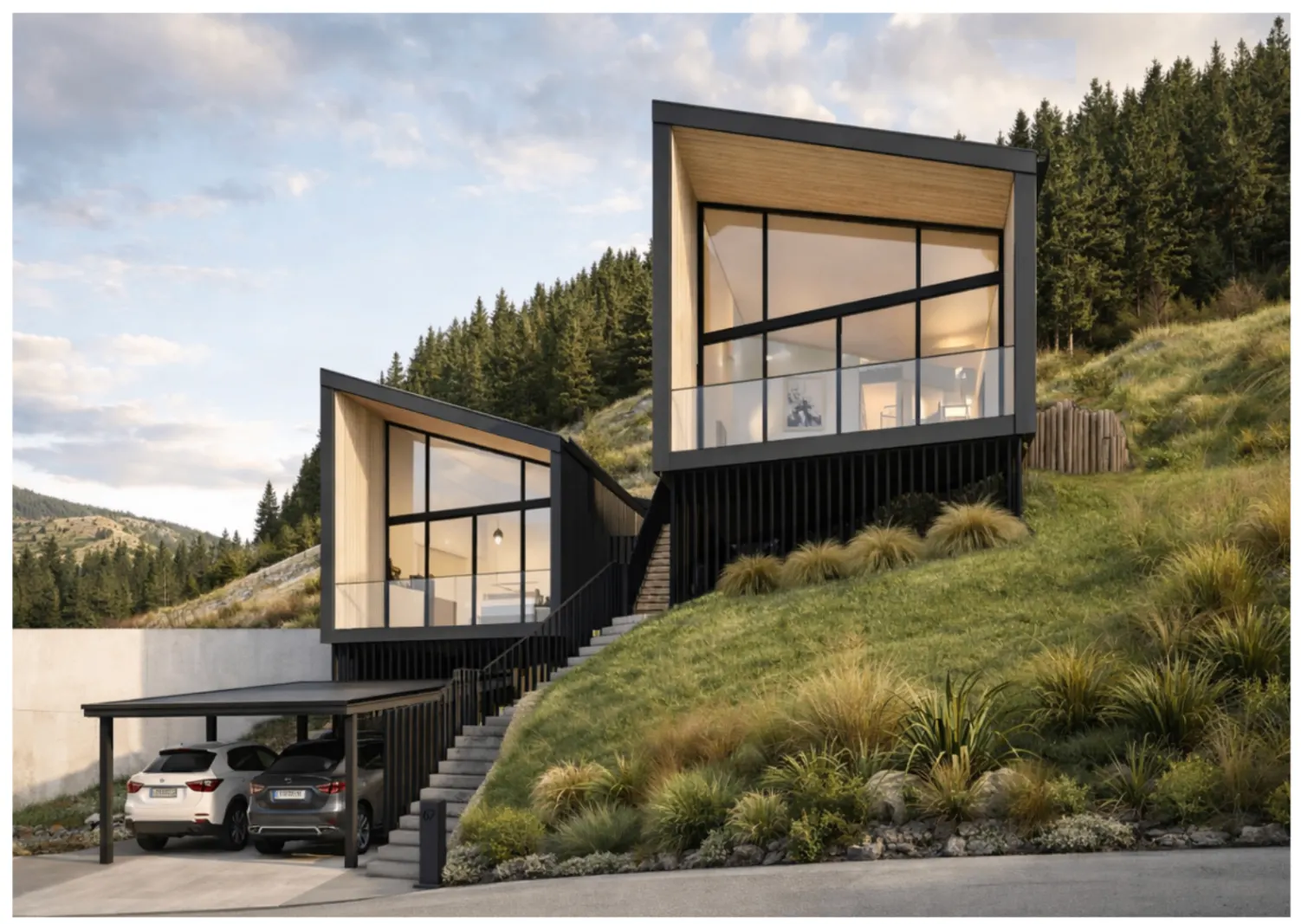 Te Tihi Villas exterior render showing the hillside setting, Queenstown
