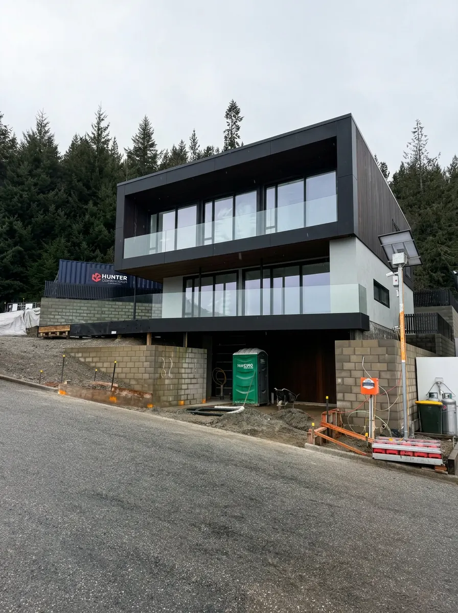Vancouver Drive home, modern exterior with Hunter Construction banner, Queenstown