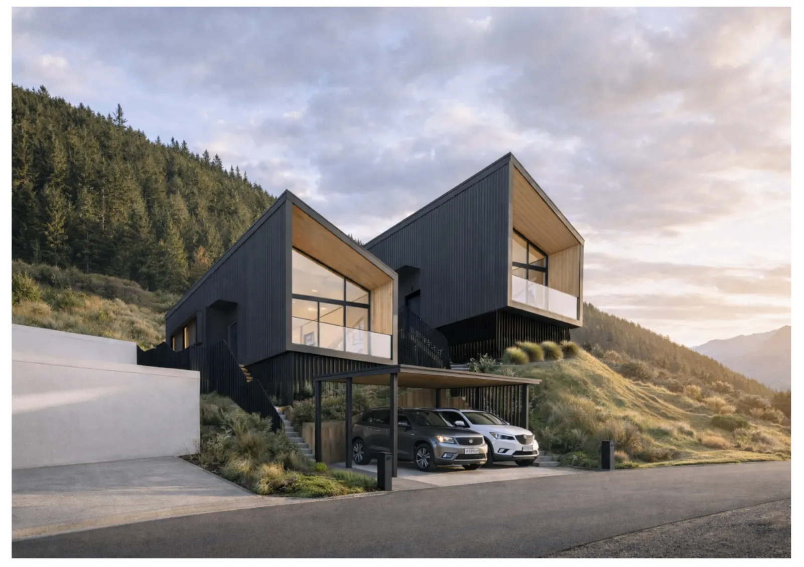 Te Tihi Villas exterior render from the street frontage, Queenstown