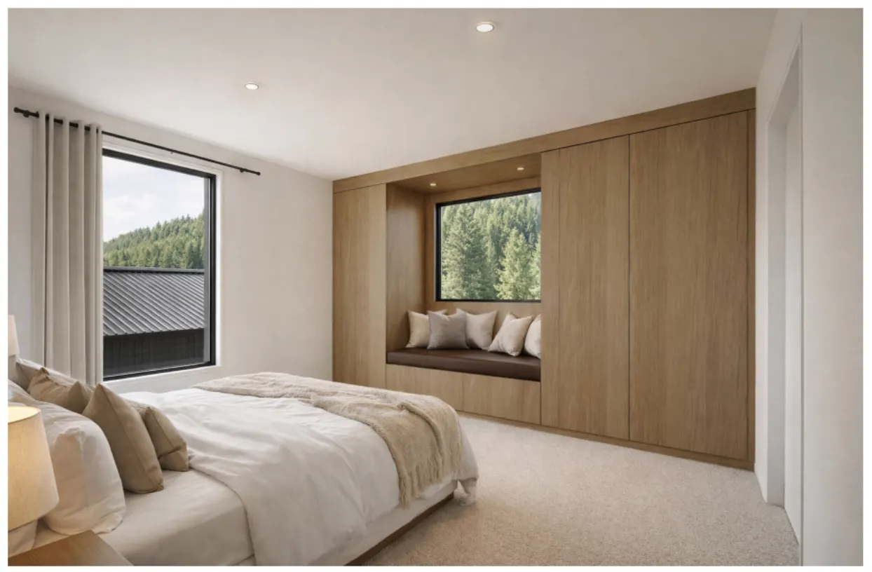 Te Tihi Villas bedroom with custom window seat, Queenstown