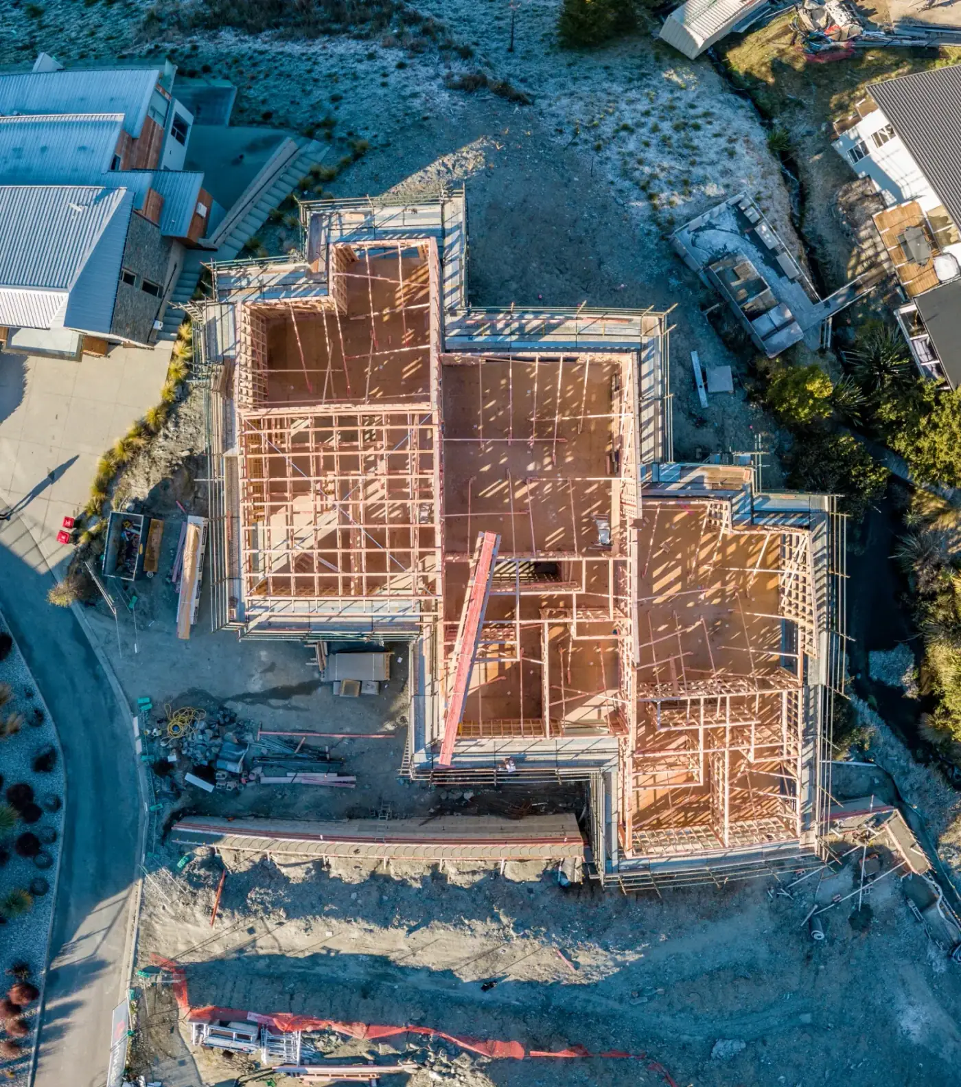 Aerial view of a large timber framing job on a Queenstown site