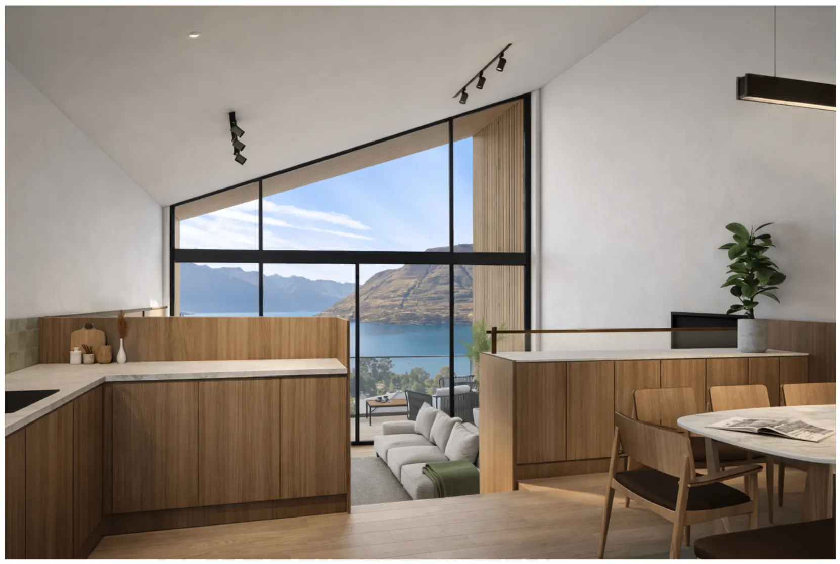 Te Tihi Villas kitchen and living area facing the view, Queenstown