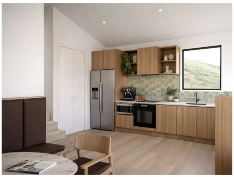 Te Tihi Villas kitchen with timber cabinetry and tiled splashback, Queenstown