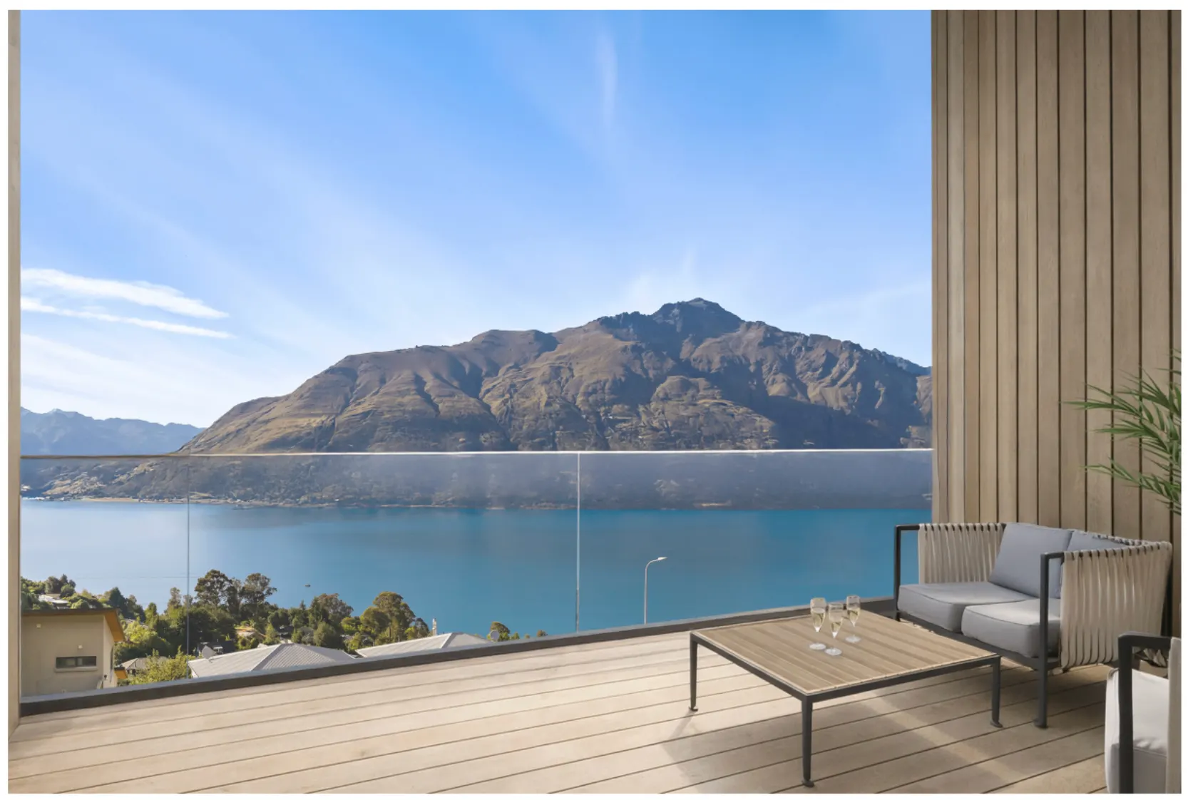 Te Tihi Villas deck with lake and mountain views, Queenstown